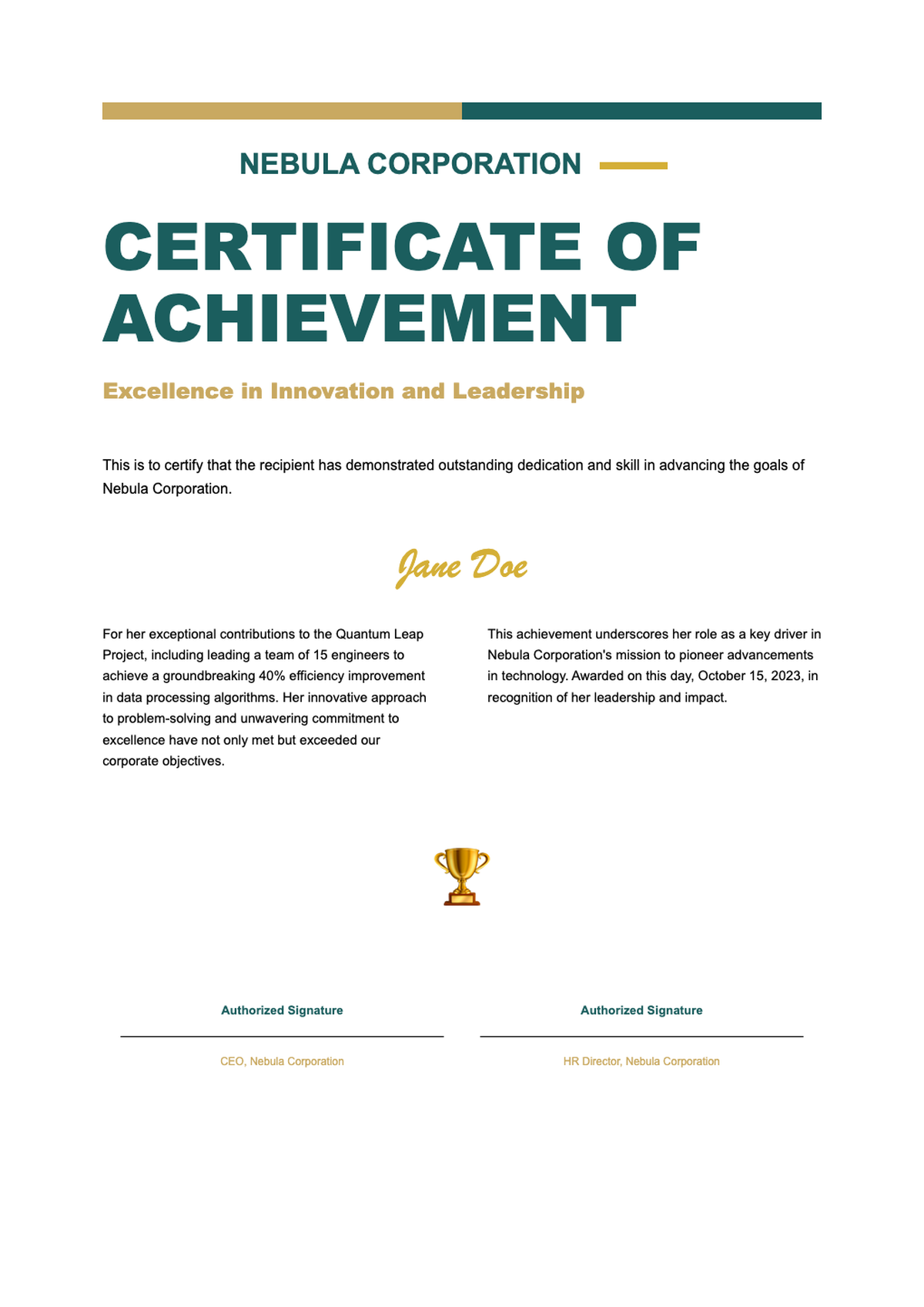 Corporate achievement certificate with green and gold border and signatures_variant_3